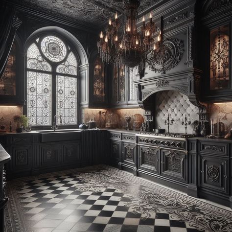 Gothic Kitchen Gothic Flooring, Gothic Interior Design Victorian, Gothic Mansion Interior, Gothic Victorian House Interior, Gothic Kitchen Ideas, Kitchen Gothic, Victorian House Kitchen, Victorian Mansion Interior, Gothic Victorian House