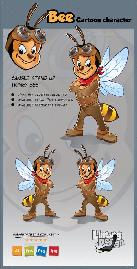 Bee Cartoon Character by LintangDesigns This is Funny Honey bee cartoon character, available in 2 faces expression Bee Movie Characters, Bee Character Design, Honey Bee Cartoon, Bee Mascot, Bee Character, Character Flat Design, Punk Cartoon, Bee Cartoon, Cartoon Features