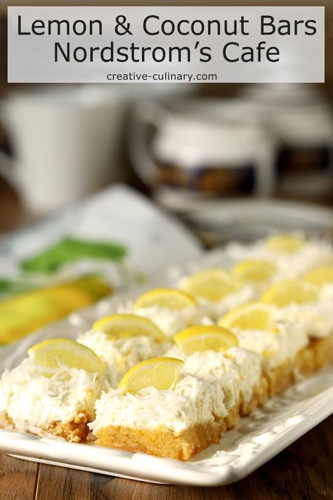 A treat straight from the chefs; these Lemon and Coconut Bars with Mascarpone Cheese from Nordstrom Cafe are lemon bars on steroids with mascarpone cheese and toasted coconut. They are quite simply the BEST Department Store Recipes, Nordstrom Cafe, Lemon Coconut Bars, Baking Bars, Lemon And Coconut, Pastries Recipes, Coconut Desserts, Coconut Bars, Lemon Coconut