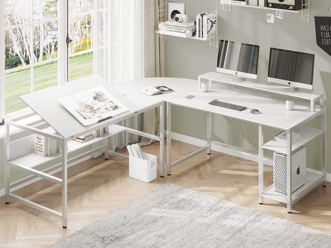 PRICES MAY VARY. 【Separable Desk for Versatility】: The L shaped computer desk consist of 2 workstation desk that are respectively a study writing desk with monitor riser and a drafting table with tiltable desktop. This L-shaped desk can be split into 2 tables after removing the middle board. You can customize the separate or combined desk to meet your different needs. 【Tiltable Drawing Board Design】: This drawing table features a tiltable desktop, which can be adjusted from 0 to 60 °, offering a L Shaped Desks Home Office White, Corner Art Desk, Drawing Corner Room, Modern L Shaped Desk, L Shaped Desk With Storage, Desk With Monitor Stand, Desk With Monitor, L Shaped Corner Desk, Drafting Drawing