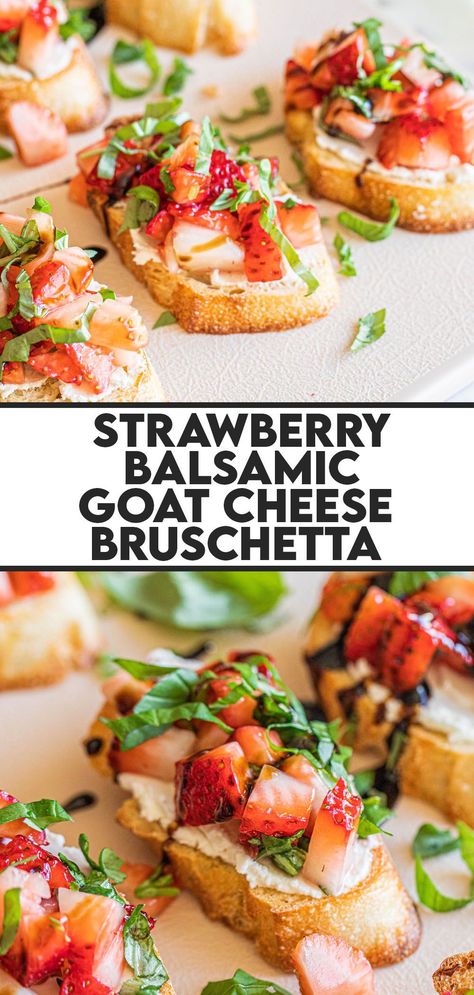 Strawberry Goat Cheese Bruschetta is juicy, fruity and tangy all in one bite. Toasted crostini is layered with soft goat cheese, sweet strawberries, sticky balsamic glaze and fresh basil leaves. The perfect appetizer recipe for all your spring holidays and summer parties! Party Appies, Strawberry Appetizers, Strawberry Bruschetta, Goat Cheese Bruschetta, Strawberry Goat Cheese, Chicken Ring, Cheese Bruschetta, Goat Cheese Crostini, Creamy Goat Cheese