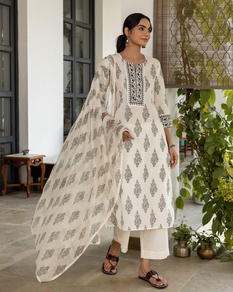 CREAM & COAL - New Arrivals! A stunning blend of texture and print, the textured stripes add depth and interest to the black motifs. The floral printed border ties the kurta together adding a touch of femininity and enhances the overall look. [ Cottons, Cottons Jaipur, New Arrivals, Cotton, Cream, Black, Timeless Styles, Embroidered, Shop now ] #cottons #cottonsjaipur #newcollection #newarrivals #handcrafted #timeless #kurta #suitsets #shopnow #timelessfashion #comfortfit #cream #coal #bl... Cottons Jaipur, Floral Printed, Jaipur, Timeless Fashion, New Arrivals, Overalls, Comfort Fit, Floral Prints, Stripes