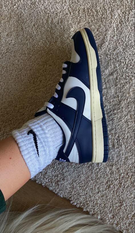 Vintage Navy Dunks, Navy Blue Dunks, Blue Low Dunks, Nike Dunk Low Vintage Navy, Blue Dunks, Trendy Shoes Sneakers, Dr Shoes, Pretty Shoes Sneakers, Kicks Shoes