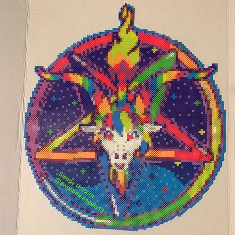 Angela DeShazer on Instagram: “Lisa Frank style Baphomet perler bead. Gift for a friend. I loved her reaction!! Original art by @creepygirlclub #sleepyunicornpixelart…” Mothman Perler Bead, Lisa Frank Cross Stitch, Lisa Frank Perler Bead Patterns, Lisa Frank Perler, Unicorn Pixel Art, Bead Templates, Kandi Inspo, Perler Art, Perler Bead Templates