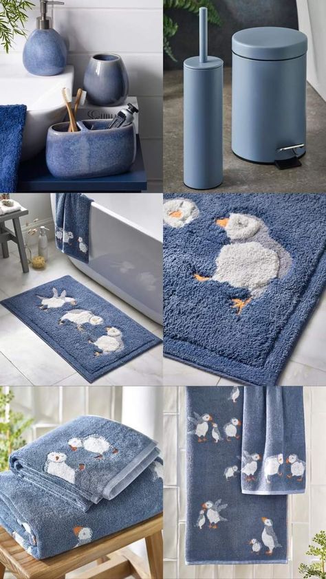 Blue Bathroom Theme, Blue Aesthetic Bathroom, Goose Bathroom, Blue Bathroom Aesthetic, Seashell Bathroom, Uni Room, Blue Bathroom, Towels Design, Dream Decor