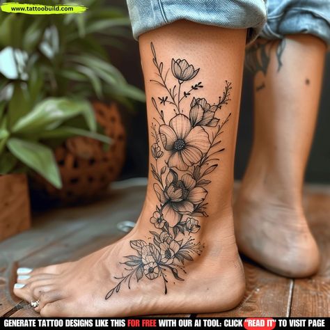 Flower Ankle Tattoos: 80 Stunning Ideas - Tattoo Build Elegant Womens Tattoos, Butterfly Flower Ankle Tattoo, Towhee Tattoo, Birth Flower Cluster Tattoo, Women’s Leg Tattoo Floral, Flower Vine Wrap Tattoo, Side Of Calf Tattoos For Women, Tattoos After Divorce, Floral Tattoo Ribs