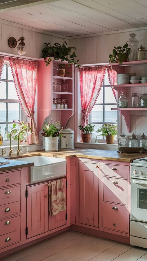 11 Inspirational Pink Coastal Home Decor Ideas — Coastal Cottage by Celeste Pink English Cottage, Colorful Cottage Interiors, Cottagecore House Interior, Tiny Cottage Interior, Home Decor Girly, Girly House, Retro Pink Kitchens, Pink Coastal, Home Redesign