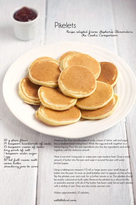 Pikelets. Recipe by Stephanie Alexander Pikelet Recipe, Aussie Food, Crepes And Waffles, Miss Moss, Mini Tortillas, Mini Pancakes, Australian Food, Pancakes And Waffles, Classic Food