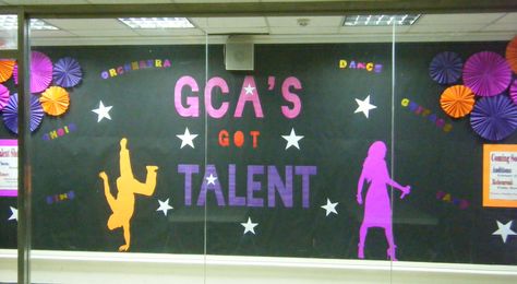 Talent Show Bulletin Board (2012). Huge bulletin board design I (Julia Harris) created for the talent show. This is part 1. The second part will come after talent show when I get pictures of the actual show and place on the board. Would've liked to make the side posters a little bigger, but I worked with what I had for supplies. The side posters are: Left (when the talent show is, what time it starts, and when to be there), and Right (when auditions and rehearsals are). School Talent Show Decorations, Talent Show Background, School Talent Show Ideas, Talent Show Decorations, School Talent Show, Got Talent Show, Summer Camp Themes, Bulletin Board Design, Classroom Art Projects