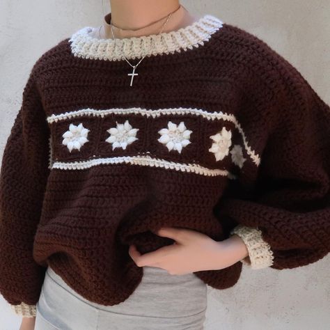 RED BEAN CROCHET on Instagram: “SOLD brown puff flower jumper 🧺🍂🌼 $105 + shipping. only one available. DM to purchase. - fiber: acrylic (body); soft cotton (flowers) -…” Crochet Sweatshirt Aesthetic, Brown Crochet Jumper, Crochet Brown Sweater, Autumn Crochet Clothes, Christmas Crochet Clothes, Fall Crochet Ideas Clothes, Brown Crochet Ideas, Crochet Fall Clothes, Dark Academia Crochet