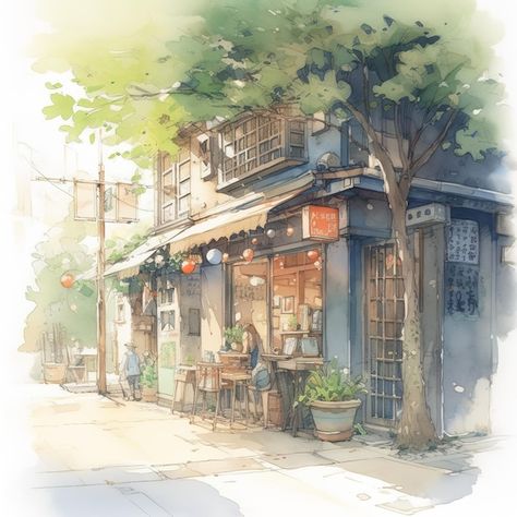 Photo a watercolor painting of a buildin... | Premium Photo #Freepik #photo #cafe-illustration #restaurant-illustration #cafe-shop #restaurant-building Restaurant Illustration, Cafe Illustration, Restaurant Building, Architecture Watercolor, Restaurant Architecture, Man Sitting, Cafe Shop, Fantasy Inspiration, Vector Photo