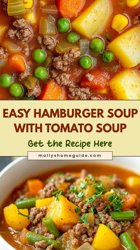 Looking for a hearty and delicious meal idea? Try our flavorful hamburger soup with tomato soup recipe! This comforting dish is perfect to warm you up on a chilly night. Packed with savory ground beef, tender vegetables, and rich tomato broth, this soup is sure to become a family favorite. It's easy to make and can be customized with your favorite toppings like cheese or fresh herbs. Whip up a batch of this satisfying hamburger soup for a cozy dinner that will satisfy everyone at the table. Hamburger Vegetable Soup With Tomato Juice, Hamburger Tomato Macaroni Soup, Soups And Stews With Ground Beef, Hamburger Soup With Tomato Soup, Homemade Hamburger Vegetable Soup, Soups Using Hamburger, Hamburger Meat Soups, Hamburger Beef Soup, Recipes With Tomato Soup