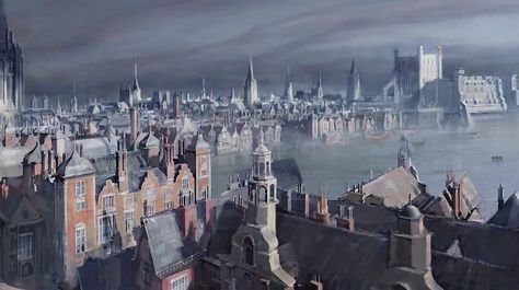 Dishonored - Concept Art - Dunwall Cityscape Gothic Buildings, Victorian Buildings, Dark City, Level Design, Dishonored, Cityscape Art, Game Concept Art, Minecraft Ideas, Matte Painting