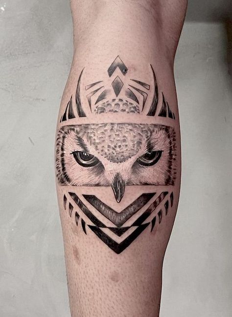 Owl Indian Tattoo, Henna Owl Tattoo, Owl Tatoos Men, Snow Owl Tattoo, Owl Tattoo Men, Owl Thigh Tattoos, Owl Legs, Mens Owl Tattoo, Barn Owl Tattoo