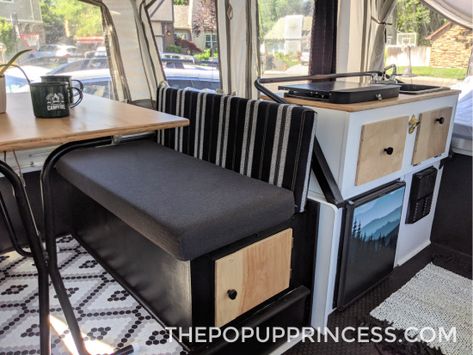 Chelsa Jo's Pop Up Camper Makeover - The Pop Up Princess Camper Cushion Makeover, Redone Pop Up Camper, Pop Up Camper Upgrades, Pop Up Camper Flooring, Pop Up Trailer Renovation, Trailer Tent Makeover, Pop Up Camper Remodel Color Schemes, Boho Pop Up Camper, Redone Campers