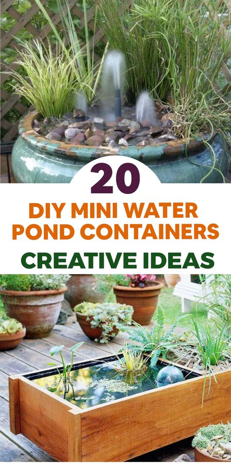 Transform your backyard into a peaceful retreat by crafting your own mini water pond containers. Upcycle old buckets, barrels, or ceramic pots to create charming aquatic features adorned with plants and pebbles. Add a small fountain for the calming sound of flowing water. Let these DIY ideas spark your creativity and design a serene oasis where you can escape and immerse yourself in nature right at home. Discover the art of crafting backyard ponds in miniature form and elevate your outdoor space Diy Container Pond, Mini Fish Pond, Fish Ponds Backyard, Water Garden Ideas, Mini Backyard, Diy Ponds Backyard, Container Pond, Small Water Gardens, Outdoor Shower Ideas