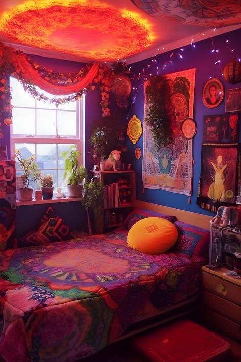 super bright hippie aesthetic room. lots of purples and oranges. weird eclectic art on the wall. bed with strange patterns and an orange puff pillow. window with rose garland framing it. maximalist theme room weird core and quirky Hippy Decorations, Gypsycore Decor, Pink Hippie Room, Colorful Hippie Outfits, 70s Bedroom Hippie, Psychadelic Room, Psychadelic Room Aesthetic, Hippie Bedroom Aesthetic, Hippie Room Ideas