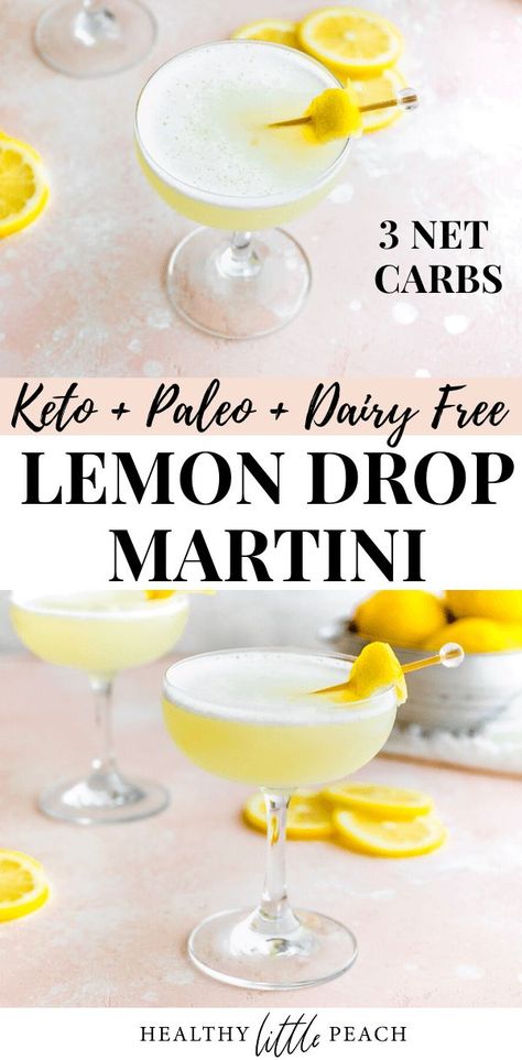 The perfect Keto Lemon Drop Martini that is perfect for weekend or date night sipping. This drink only has 3 NET CARBS and only requires 4 ingredients. Keto Lemon Drop Martini, Easy Healthy Cocktails, Keto Cocktails Alcoholic Drinks, Paleo Cocktails, Date Night Cocktails, Lemon Drop Martini Recipe, Healthy Little Peach, Clean Cocktails, Keto Alcohol