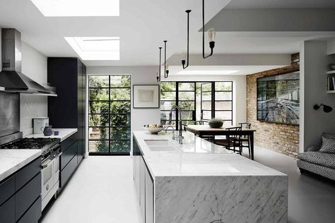 Marble Kitchen Island Monochrome Kitchen, Marble Kitchen Island, Freestanding Kitchen Island, Marble Island, Interior Design Minimalist, Modern House Interior, Edwardian House, 아파트 인테리어, Island Kitchen