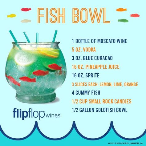 Flip Flop Wine Fish Bowl Recipe Creative Alcoholic Drinks, Fishbowl Drink, Types Of Drinks, Gummy Fish, Bowl Cocktails, Malibu Rum, Liquor Drinks, Super Bowl Party, Blue Curacao