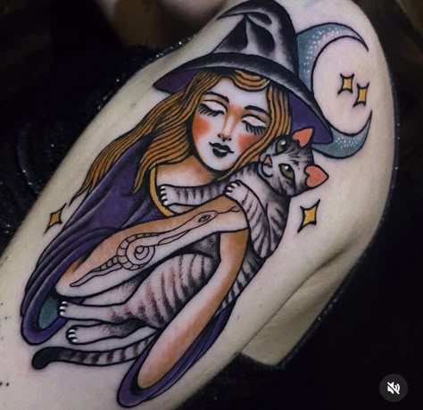 American Traditional Witch Tattoo, Witch Tattoo Traditional, Evil Cat Tattoo, Traditional Witch Tattoo, American Traditional Tattoo Sleeve, Americana Cat Tattoo, Witch With Black Cat Tattoo, Traditional Halloween Cat Tattoo, Witch Tattoo