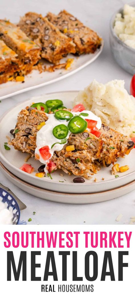 Southwest Turkey Meatloaf is about to be the highlight of your weeknight dinners! This easy recipe is loaded with juicy protein and filled with southwest flavor - you’re gonna love it! #Realhousemoms #southwest #turkeymeatloaf #weeknights #dinners #maindish #tacoseasoning #easyrecipe #kidapproved #protein #meatloaf #turkey Protein Meatloaf, Meatloaf Turkey, Mexican Meatloaf, Traditional Meatloaf, Good Meatloaf Recipe, Classic Meatloaf, Delicious Family Meals, Best Meatloaf, Turkey Meatloaf