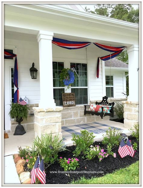 White Farmhouse Front Porch, Porch Bunting, Porch With Rocking Chairs, Fourth Of July Front Porch, Front Porch With Rocking Chairs, Patriotic Front Porch Decor, Patriotic Porch Decor, Patriotic Front Porch, Patriotic Door Wreath