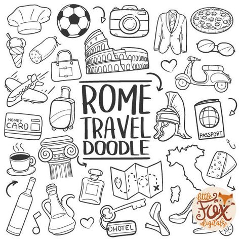 INSTANT DOWNLOAD <<< This product is destined for endless possibilities , stickers , badges, shirts , invitations , greeting cards, toys, craft paper , web design, vinyl, wall decor , embroidery , labels, scrapbooking, patterns , jewellery, etc. Travel Doodle, Rome Italy Travel, Travel Doodles, Doodle Icons, Holidays Summer, Travel Drawing, Doodle Icon, Travel Icon, Rome Travel