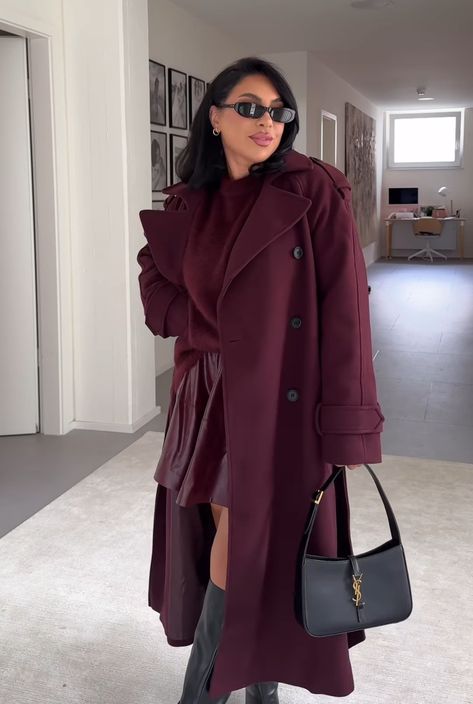 Burgundy Classy Outfit, Plum Color Outfits, Purple And Burgundy Outfit, Burgundy Wool Coat, Burgundy Couples Outfit, Burgundy Trench Coat Outfit, Burgandy Outfits Aesthetic, Burgundy Coat Outfit Winter, Maroon Coat Outfit