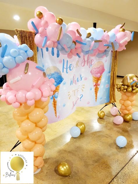 Supplies

12 inch and 5 inch 
• Light Blue
• Baby Pink 
• Peach 

5 inch gold balloons

Sprinkles- 260 balloons
• Light Blue
• Baby Pink
• Gold
• White 

1- Backdrop Stand

1- 6x8 what's the scoop Backdrop curtain 

2- 6x6 Gold Sequince Curtains 

*Cones supplies 

2- Balloon Column Stands

12 inch Peach balloons 
36 inch 
• Light Blue Balloon
• Baby Pink
• Gold (reveal balloon)

Sprinkles- 260 balloons
• Light Blue
• Baby Pink
• Gold
• White The Scoop Gender Reveal, Whats The Scoop Gender Reveal Backdrop, What’s The Scoop Gender Reveal Diy, Pink And Blue Balloon Garland, What's The Scoop Gender Reveal, Balloon Garland Pink, Scoop Gender Reveal, Blue Balloon Garland, Gender Reveal Diy