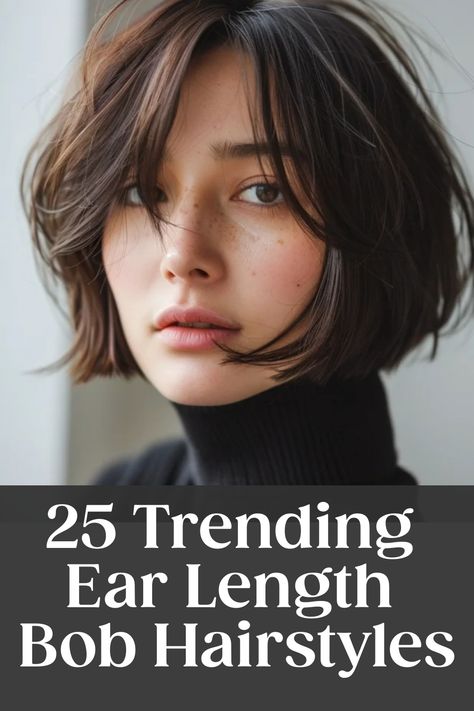 Woman with a trendy ear-length bob haircut. Soft Long Bob Haircut, Short Haircut Styling, French Bob With Side Swept Bangs, French Bob For Fine Hair, Short French Bob With Bangs Fine Hair, Short Hairstyle Women Japanese, Short Bob Hairstyles 2024, Girl Bob Cut, Short Bob No Bangs