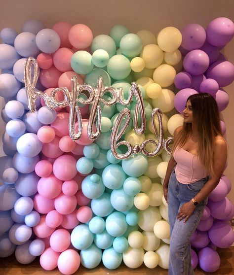 Pastel coloured Balloon Wall and script phrase balloon @amzyaesthetics Colourful Balloons Decoration, Pastel Color Balloon Decor, Pastel Colour Birthday Decorations, Background Balloons Decoration, Pastel Balloon Wall, Baloon Wall, Party Ballons, Happy Birthday Foil Balloons, Blue Party Decorations