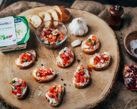 Garlic Bruschetta — Alouette Cheese Alouette Cheese Recipe, Alouette Cheese, Garlic Bruschetta, Bruschetta Appetizer, Spreadable Cheese, Bruschetta Recipe, Cheese Stuffed Peppers, Herb Cheese, Herb Recipes