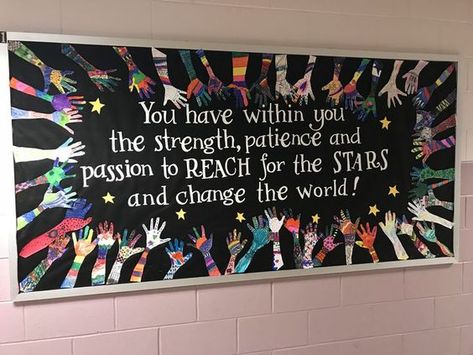 Big Bulletin Board Ideas Classroom, Inspiration Bulletin Board Ideas, Big Bulletin Board Ideas, Reach For The Stars Bulletin Board, 6th Grade Bulletin Board Ideas, Classroom Decoration Ideas, Counseling Bulletin Boards, Inspirational Bulletin Boards, Hallway Bulletin Boards