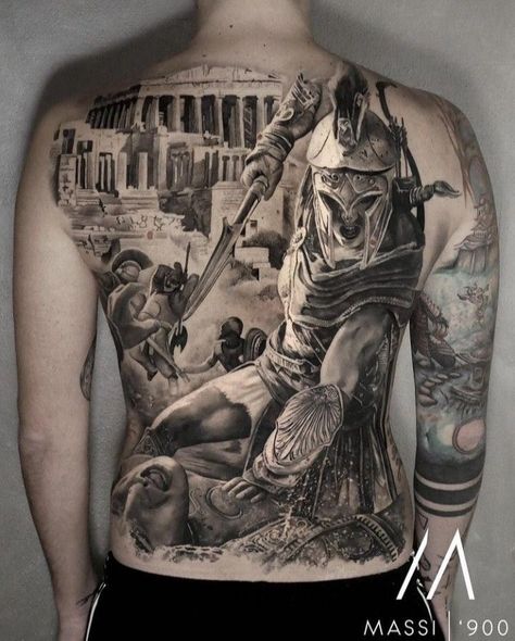 Black And Grey Full Back Tattoos, Underarm Tattoo, Tattoo Ideas Inspiration, Roman Tattoo, Gladiator Tattoo, Backpiece Tattoo, Spine Tattoo Ideas, Tato Minimal, Spartan Tattoo