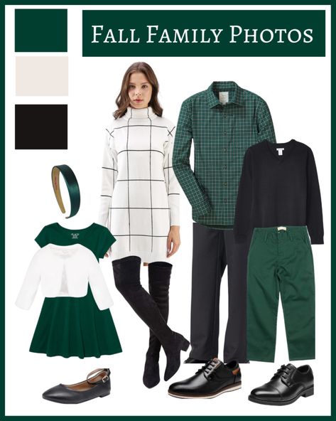 Green And White Christmas Outfits, Green Family Outfits, Family Photo Outfits Fall Color Schemes Picture Ideas Winter, Green Christmas Outfit Family, Green Holiday Outfits Family, Green And Black Family Photo Outfits, Emerald Green Family Picture Outfits, Family Christmas Photoshoot Outfits, Christmas Outfit Classy