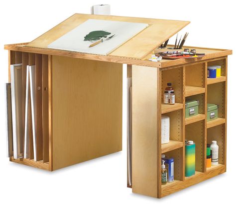 Art desk Bureau D'art, Drawing Desk, Art Studio Space, Art Studio Organization, Art Studio Room, Art Studio Design, Studio Desk, Drafting Table, Studio Furniture