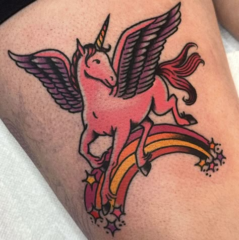 Colorful Unicorn Tattoo, Realistic Unicorn Tattoo, Unicorn Tattoo Traditional, Unicorn Head Tattoo, Traditional Unicorn Tattoo, Traditional Color Tattoo, February Tattoo, Pony Tattoo, Backpiece Tattoo