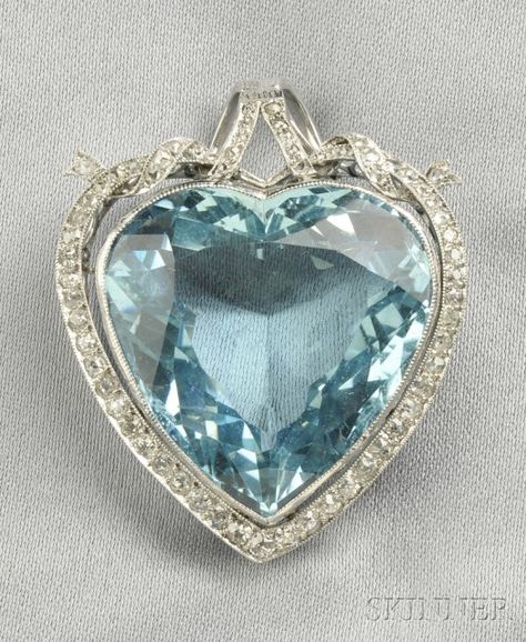 Platinum, Aquamarine, and Diamond Heart Pendant | Sale Number 2586B, Lot Number 739 | Skinner Auctioneers Bridal Brooch, Blue Valentine, Heart Shaped Jewelry, My Funny Valentine, Antique Brooches, Aquamarine Jewelry, Heart Brooch, Heart Pendant Diamond, American Diamond