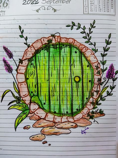 Green hobbit door drawing Mini Diary Drawing, Hobbit Door Drawing, Aesthetic Diary Pages, Door Drawing, Aesthetic Diary, Diary Pages, Hobbit Door, Ig Aesthetic, Opening Door