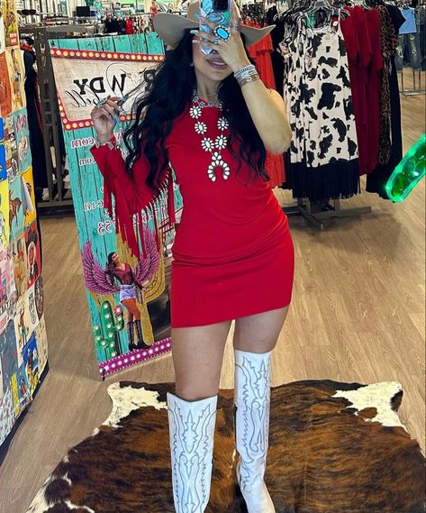 Red Western Outfit, Red Dress With Boots, Ranchera Outfits, Dallas Cowboys Baby, Latina Fashion Outfits, Rodeo Outfits, Western Aesthetic, Western Outfits Women, Latina Fashion