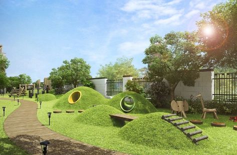 Landscape Design Playground, Outdoor Playground Design Architecture, Preschool Playground Design, Sand Landscape Ideas, Playground Design Landscape, Courtyard Playground, Innovative Playground, Playground Architecture, Playground Landscape