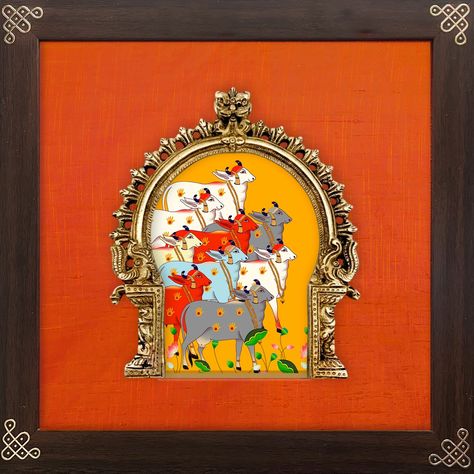 Pichwai art : digitally printed & embellished with brass prabhavali frame with a backdrop of rich vibrant raw silk. 11x11 inches. #brass #prabhavali #homedecor #walldecor #indianart #gift #giftideas Pichwai Paintings Wall Decor, Prabhavali Design, Prabhavali Frame, Pichwai Art, Andrew Loomis, Kerala Mural Painting, Ceiling Murals, Sale Ideas, Pichwai Paintings