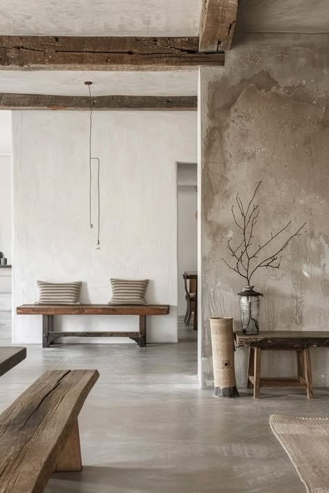 Wabi Sabi Wall: Textured Tranquility - Quiet Minimal Rustic Minimalism, Wabi Sabi Dining Room, Wabi Sabi Living, Wabi Sabi House, Limewash Walls, Wabi Sabi Decor, Wabi Sabi Interior, Wabi Sabi Wall, Flat Interior