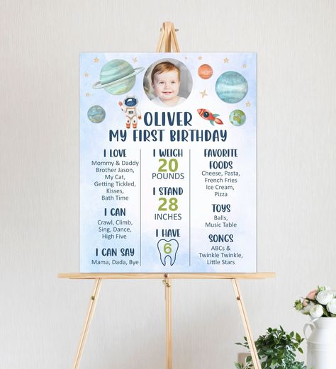 "𝐖𝐡𝐚𝐭 𝐢𝐭 𝐢𝐬: A made-to-order digital file that we will edit the design for you and send the final file to you via email.  CUSTOM Outer Space Birthday Milestone Board First Trip Around The Sun Planets Galaxy Birthday Boy 1st Birthday Poster Sign Printable THIS IS FOR DIY PRINTING, YOU WILL RECEIVE DIGITAL FILES ONLY. NO PHYSICAL ITEM WILL BE SHIPPED! Personalized Birthday Poster - We will edit and send the file to your email within 12-24 hours. ⭐️ Rush service is available for additional Birthday Milestone Board, Boys First Birthday Party Ideas, Outer Space Birthday, Space Birthday Party, Milestone Poster, Space Birthday, Birthday Diy, Birthday Poster, Space Theme