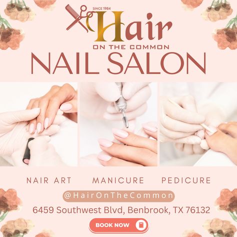 Elevate your nail game with our salon's exquisite manicure experience. Our skilled technicians and on-trend designs will ensure your nails are flawless and fabulous. Book now to achieve the epitome of nail perfection! www.HairOnTheCommon.com #Nails #Hair #BeautySalon #HairGoals #hairstyle #haircuting #hairthaday #hairsalon #hairstyle #lifehairstyle #nails #pedicure #styling #haircolor #HairGoals #SalonExperience #TransformYourLook #HairMagic #HairGameStrong #haironthecommon #benbrook Spa Promo, Nails Pedicure, Art Deco Nails, Nail Salon Design, Nail Art Salon, Ads Design, Nail Services, Beauty Clinic, Nail Art Designs Videos