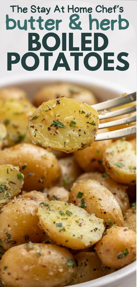 A fork lifting a potato from a bowl of boiled potatoes with butter and herbs. Best Boiled Potatoes, Best Boiled Potatoes Recipe, Season Potatoes In Oven, Boiled Baked Potatoes, Boiled Fingerling Potatoes, Petite Fingerling Potato Recipes, Boiled Potato Recipes Side Dishes, Boiled Mini Potato Recipe, Boiled Potatoes And Carrots