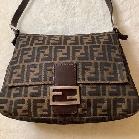 Fendi Zucca Mama Bag Ff Monogram, Fendi Handbags, Monogram Canvas, Silver Hardware, Leather Trims, Zipper Pocket, Messenger Bag, New Home, Brown Leather