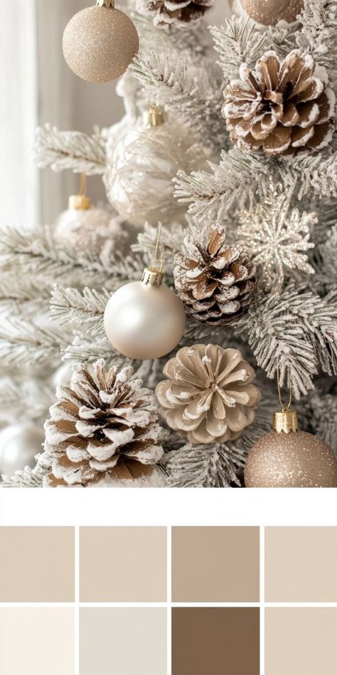 Cream Color Christmas Decor, Beige Christmas Decorations, Cream And Green Christmas Tree, Neutral Christmas Color Palette, Rustic White Christmas Tree Ideas, White And Cream Christmas Tree, Christmas Tree Ideas Neutral Colors, Neutral Color Christmas Trees, Christmas Tree 2024 Trends Color