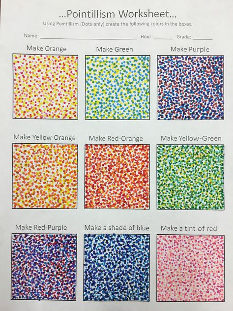 Pointillist Painting, Acrylic Painting Practice Sheet, Pointillism Art Ideas, Stippling Worksheet, Pointalism Art For Kids, Pointillism Worksheet, Art Class Activities High School, Pointism Art, Pointalism Art Ideas